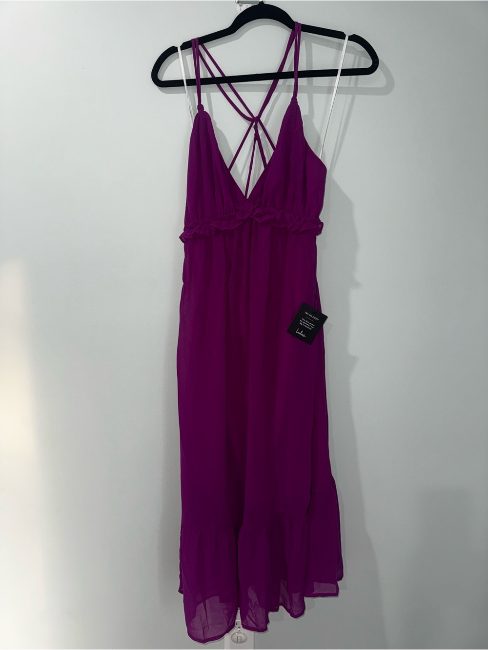 Lulus NWT Medium Magenta Chiffon Strappy Open Back Ruffle Midi Dress